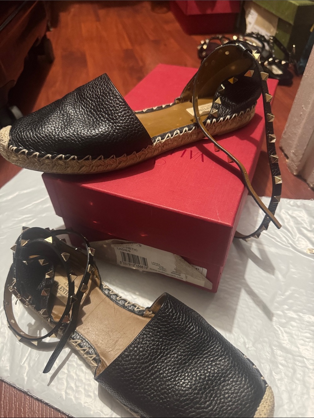 Valentino Garavani Black Leather Espadrilles with Gold Stud Ankle Wrap